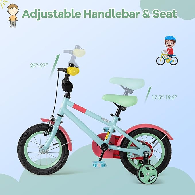 BABY JOY Colorful Macarons Kids Bike, 12 14 16 18 Inch Sporty Children's Bicycle with Training Wheels, Adjustable Handlebar & Saddle, Handbrake & Coaster Brake, Boys Girls Bike for 3-8 Years Old