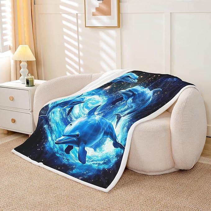 Galaxy Fleece Throw Blanket Dolphin Sherpa Blanket for Sofa Couch Bed Outer Space Psychedelic Swirl Plush Blanket Ocean Marine Themed Blue Bright Fuzzy Blanket Bedroom Decor King 87x95 Inch