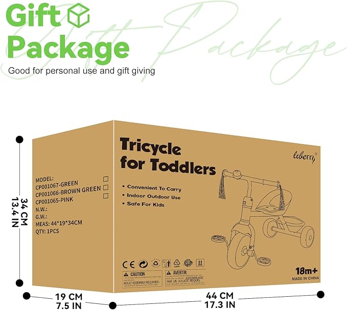 Liberry Toddler Tricycle Age 2 3 4 Years Old, Kids Trike with Bell, Back Basket and Removable Pedal, 3 Wheel Bike Birthday Toys Gift for Boys Girls, Green