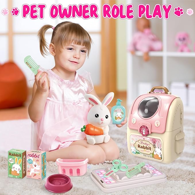 Shemira Girl Toys Gifts for 2 3 4 5 6 Years Old, Toddler Girl Toys, Bunny Toys for Kids, Easters' Gifts for Girls, Pet Care Pretend Toys with Toy Bunny & Storage Backpack
