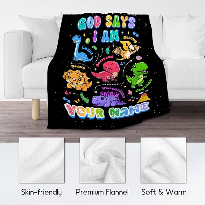 Personalized Dinosaur Blanket with Name, Dinosaur Gifts for Boys Toddler Child, God Says I Am Blanket for Kids, Inspirational Gifts for Son, Soft Kids Throw Blankets for Living Room, 60"x80"