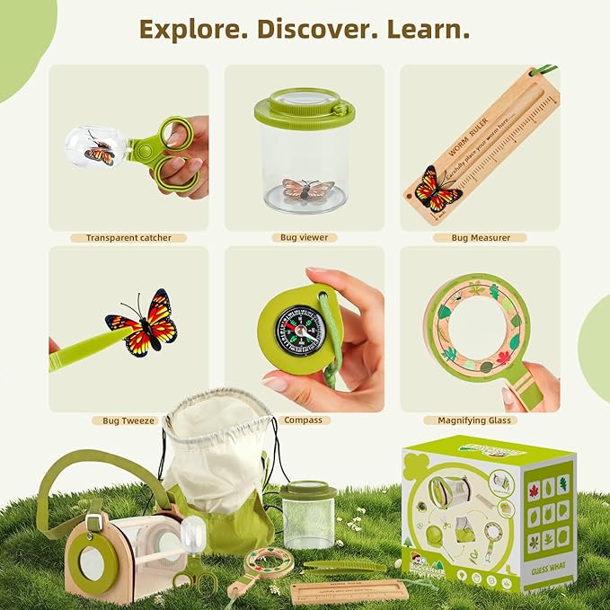 Bug Catcher Kit for Kids, Outdoor Explorer Toy Set with Butterfly Net, Wooden Magnifying Glass & Bug Container &Other Adventure Kit for Backyard Bugs Hunting and Camping Gifts for Boys Girls Age 3-12