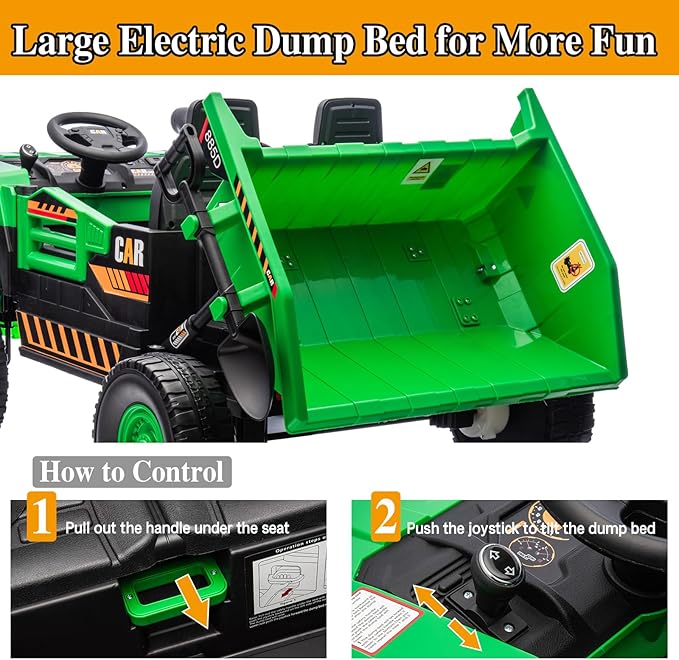 24V 4WD 2-Seater XL Kids Ride on Truck Electric Toy Car with Electric Dump Bed, Parents Remote Control Kids Car Tractor Toys Ride-on Dump Truck for Boys and Girls Ages 3+, Geen