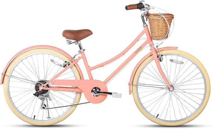 Glerc 20 24 26 Inch Beach Cruiser Bike, 6-Speed Hybrid City Bicycle for Girls Youth and Over 6 Years Old, Missy Bike with Wicker Basket & Lightweight, Multiple Colors