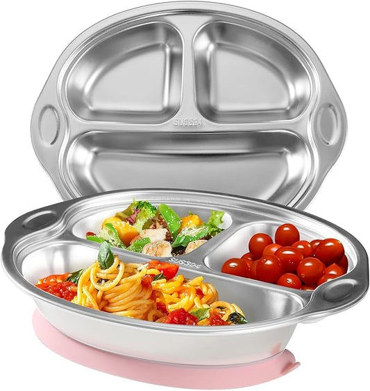 Stainless Steel Baby Suction Plates: Divided Plates for Babies and Toddlers, Made of 100% Food-Grade Materials Ideal for Baby-Led Weaning BPA-Free Toddler Feeding Dishwasher Safe PINK
