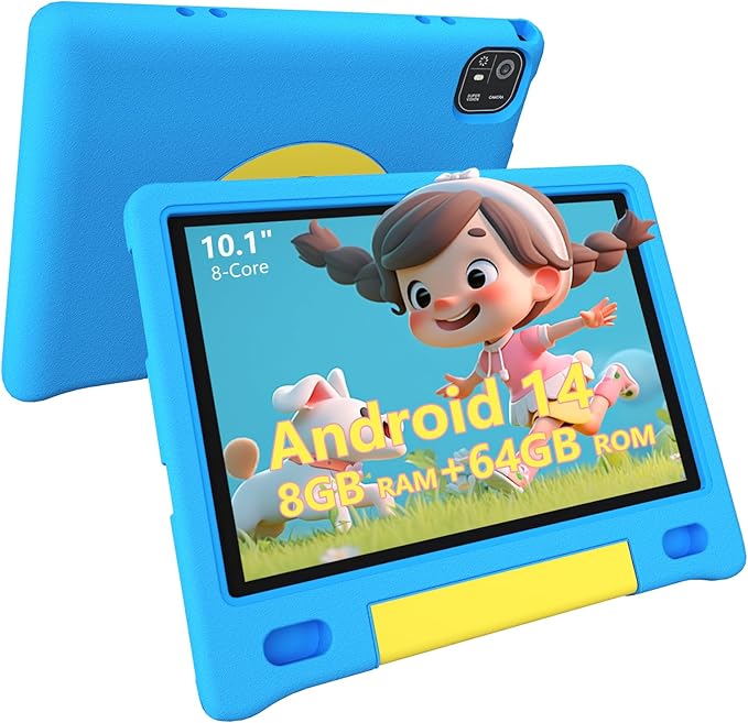 Kids Tablet 10", Android 14, 8GB+64GB (1TB Expandable), Octa-Core, 1280×800 HD Display, Dual Cameras, 12-Hour Battery, Parental Controls, Childs Tablet with Shockproof EVA Case
