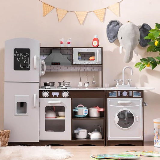 Costzon Kids Kitchen Playset,2-Piece Wooden Modular Pretend Toy Playset w/Sounds & Lights, Washing Machine, Range Hood, Ice Maker, Blackboard, Play Telephone, Play Kitchen for Kids Ages 3+ (Brown)