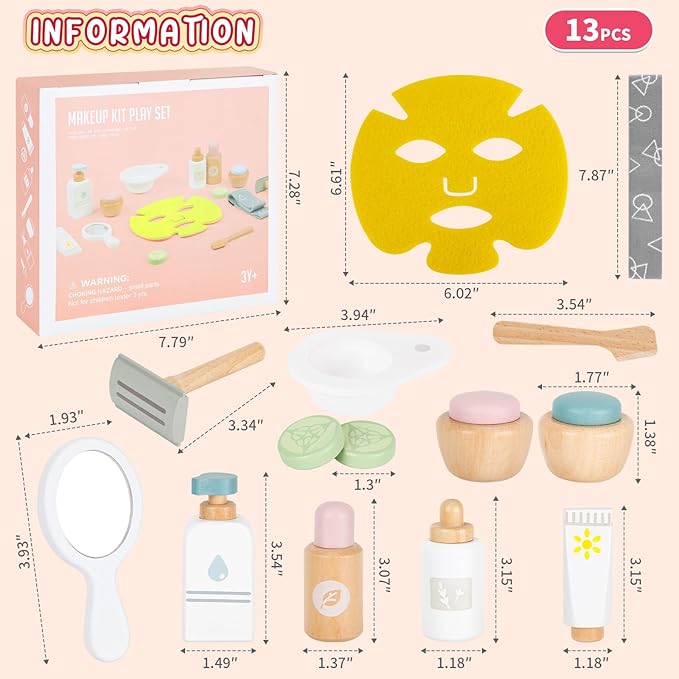 Wooden Makeup Toy Set,Pretend Beauty Play Toys,Skin Care Learning Preschool Toys for Toddler, Salon Toys Beauty Fake Makeup Kit with Facial Mask for Girls 3 4 5 6 7+ Year Old Girls.