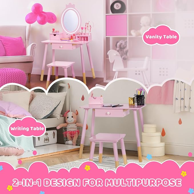 Kids Vanity Set with Lighted Mirror, Princess Make Up Dressing Table and Stool Set w/Jewelry Storage Rack & Make Up Brush Holder, Wooden Children Vanity Table Pretend Playset for Girls