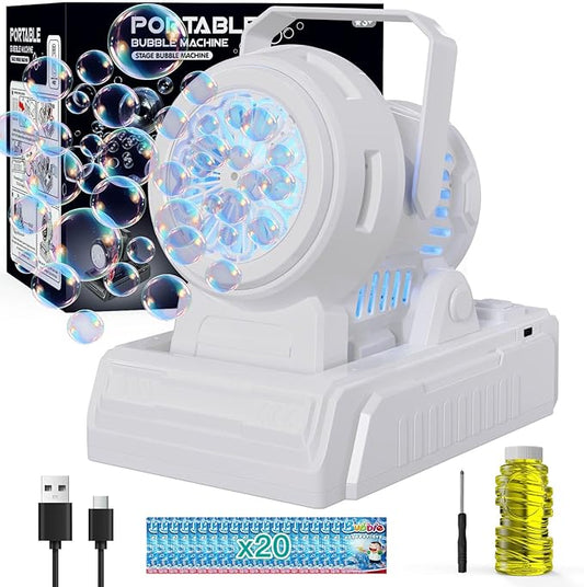Panamalar Bubble Machine Adjustable Angle, 10 Big Holes Automatic Bubble Blower for Kids 20000+ Big Bubbles with Solution/Lights, Portable Outdoor Bubble Maker Toys for Garden Party Wedding-White