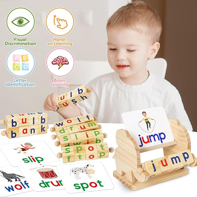 Montessori Learning and Educational Toys Gifts for Kids 3 4 5 Years, Wooden Reading Blocks Toys, Preschool Kindergarten Learning Activities, Turning Rotating Matching Flash Card Games