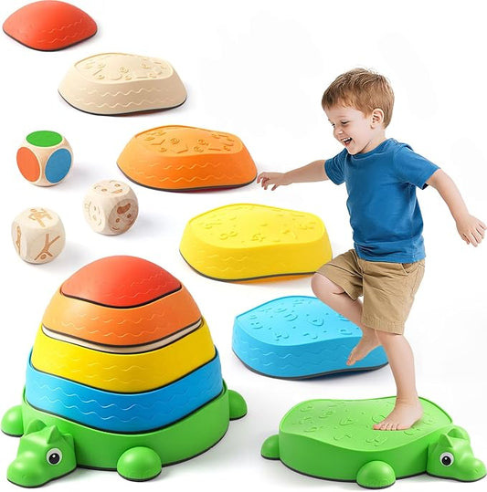 6PCS Dinosaur Stepping Stones for Kids with 3 Wooden Dice (Emotion/Action/Color)-Balance Stone Interactive Play Toddler Stepping Stones for Indoor/Outdoor,Sensory Toys for Toddlers