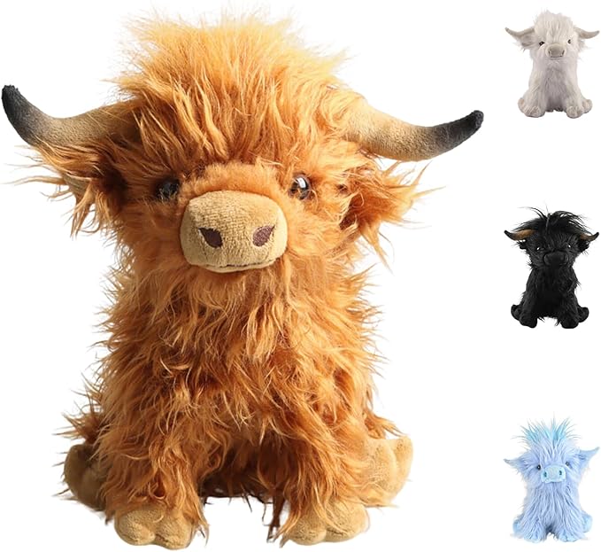 Highland Cow Fluffy Stuffed Animal, 10" Adorable Realistic Plush Toy Soft Cute Cow Plushie Home Decor Gift for Boys Girls Kids Teens Adults, Brown