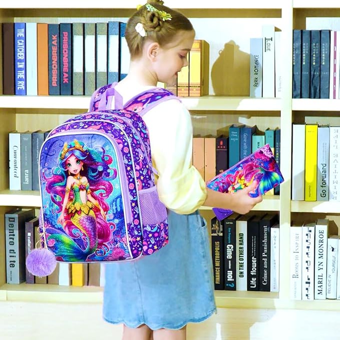 CCJPX 3PCS Kids Backpack for Girls, 16”Mermaid Sequin Preschool Bookbag Set, Cute Water Resistant School Bag for Elementary Kindergarten Toddler