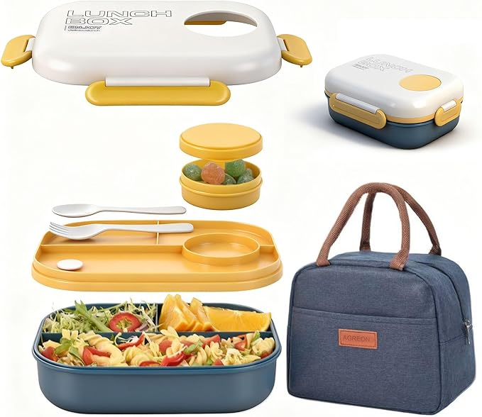 Lunch Bento Box Set - 3 Compartment Containers for Kids and Adults,lunch box for women with Thermo Lunch Bag, Leak-Proof and BPA-Free - Built-in Utensil Set,Sauce - Dishwasher Safe-Blue