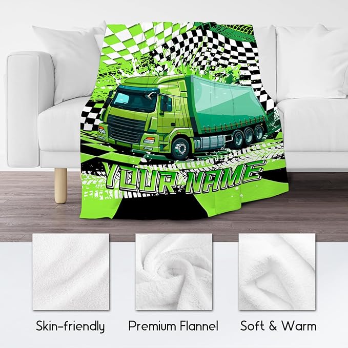 Personalized Boys Blanket, Truck Blankets for Kids, Custom Gifts with Name, Construction Truck Throw, Cozy Flannel Toddler Throws for Boys, 40"x50"