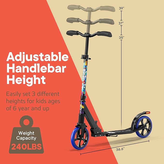 Kick Scooter for Ages 6+, for Kids, Teens, and Adults, Max Load 240 LBS, Foldable, 8-inch Big Wheels for Kids and Adults, with Kickstand, 3 Adjustable Levels, Child Safety Approved, Graffiti