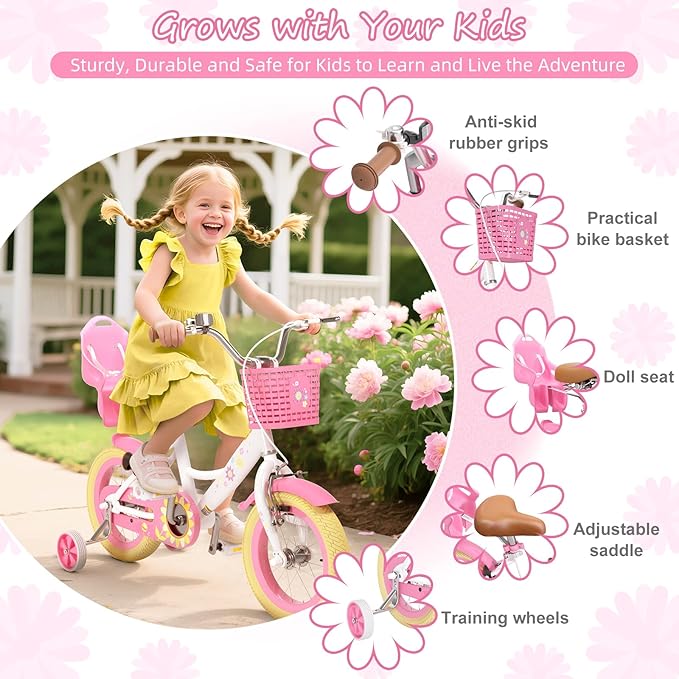 XJD Girls Bike for Toddlers and Kids Ages 2-12 Years Old,12 14 16 Inch Kids Bike with Training Wheels & Basket