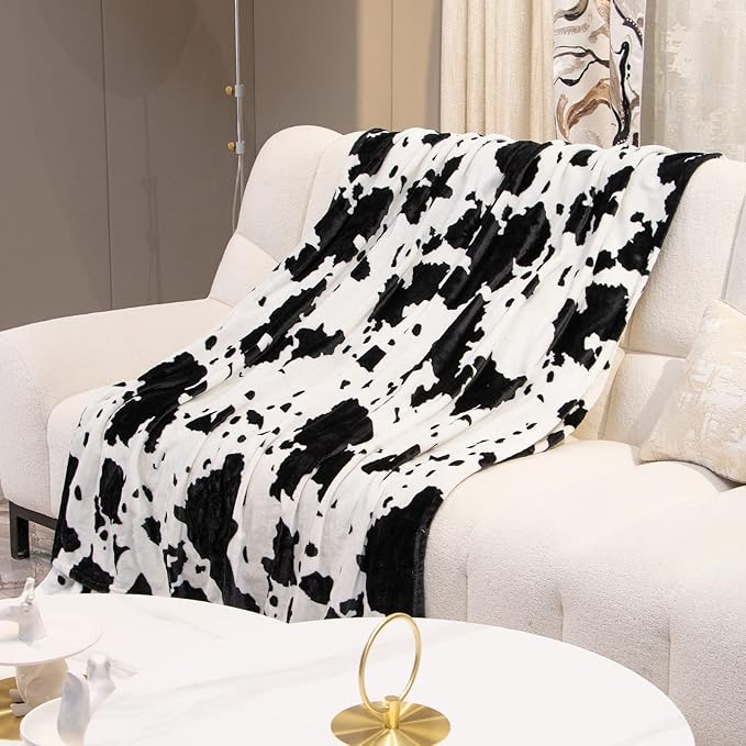 Cow Print Blanket for Kids - 40"x50" Cute Lightweight Fuzzy Fleece Throw for Girls, Nursery Decor - Black White Plush Birthday Gifts for Kids Boys