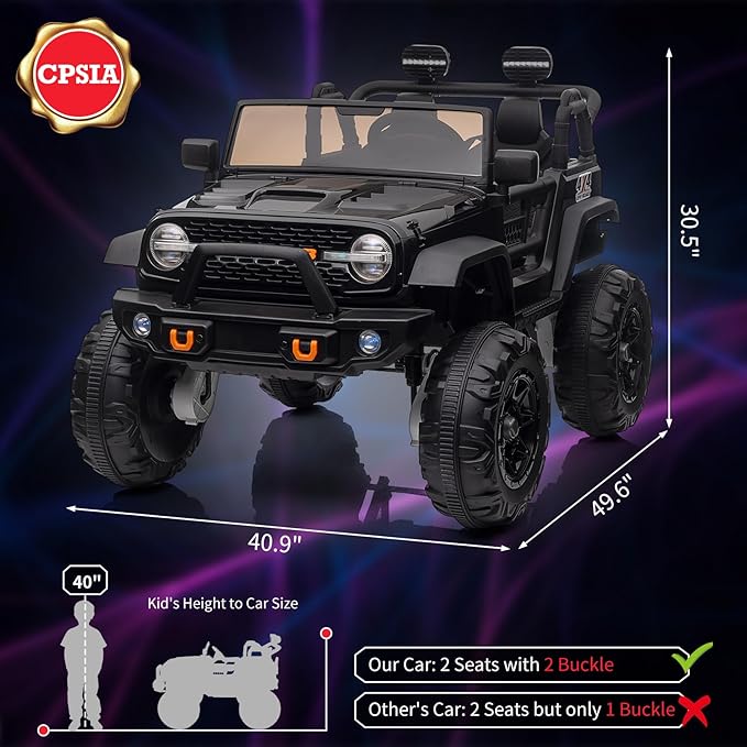2 Seats 24V Kids Ride on Truck with Remote Control, Battery Powered Electric Ride Car Toy for 3-8 Years, 4 Motors,20" Seat Width for 2 Seaters, LED Light,Music,High/Low Speeds,Shovel, USB (Black)
