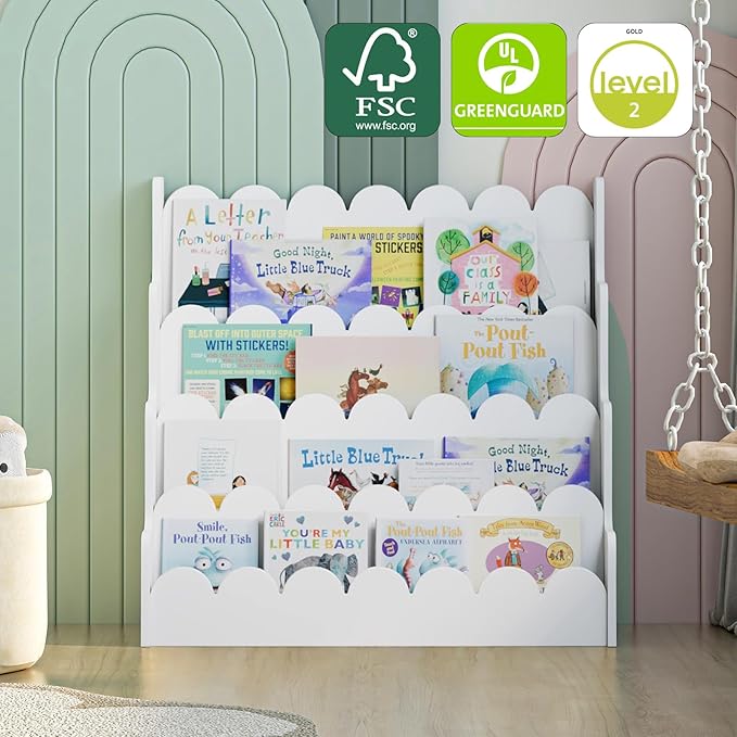 NACHES Kids Bookshelf Wooden 4 Tier Scalloped Bookshelf Toddler Montessori Bookcase Children Front Facing Display Book Shelves for Nursery Kids Room Reading Room Bedroom Classroom