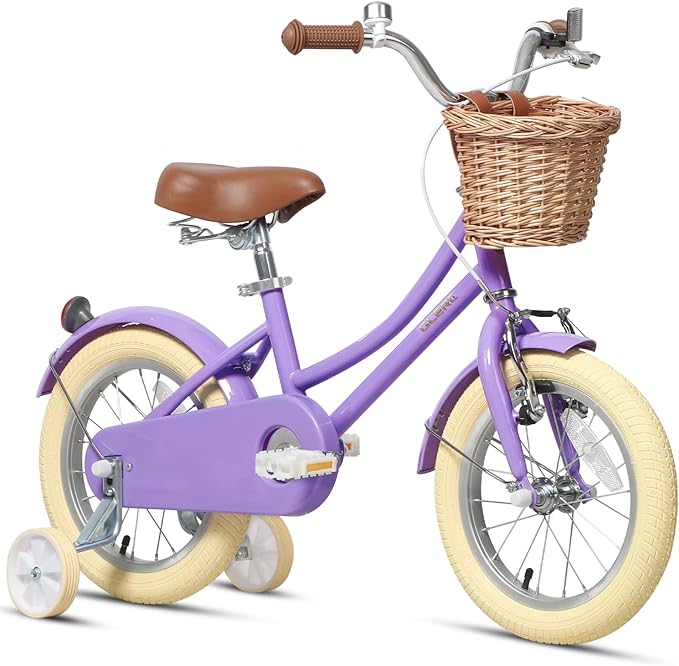 Glerc Little Molly 12-20 Inch Kids Retro Cruiser Bike for 2-13 Year Old with Wicker Basket & Training Wheels/Kickstand, Multiple Colors