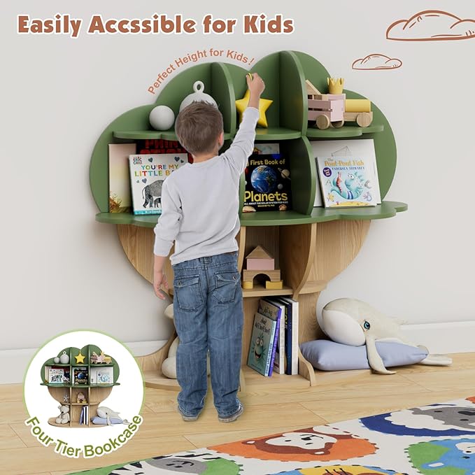 Green Tree Kids Bookshelf Toddler Bookcase 4-Tier Baby Book Rack Children Toy Storage Organizer Forest Wood Display Shelf for Nursery Playroom Bedroom Classroom School Homeschooling Boy Girl’s Gift