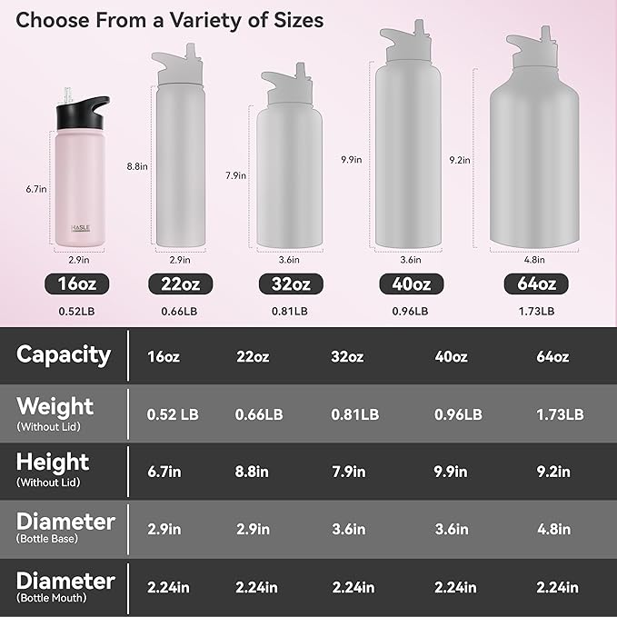 HASLE OUTFITTERS Insulated Water Bottle 16 oz Double Wall Vacuum Stainless Steel Water Bottle Leak Proof for School Wide Mouth with Straw Lid & Spout Lid Keeps Cold and Hot(Pink,1pack)