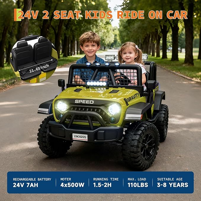 24V Ride on Car for Kids, 2 Seater Electric Truck with Parent Remote Control, Spring Suspension, 2 Speeds, LED Headlight & Music Player, Kids Electric Vehicle for Aged 3-8 Years, Green