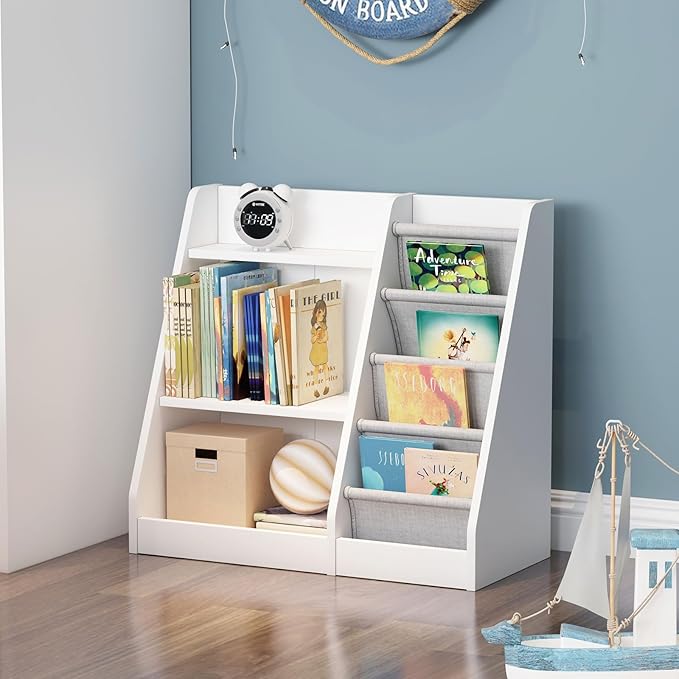 White Kids Bookshelf Wood Toy Storage Organizer Cabinet Children Bookcase Toddler Baby Sling Book Rack Adjustable Shelf for Playroom Bedroom Nursery Hallway School Kindergarten