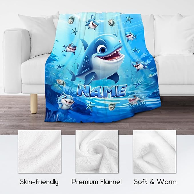 Custom Shark Blanket - Personalized Throw Gifts for Kids Boys - Flannel Cozy Blankets for Living Room, Office, 4 Size