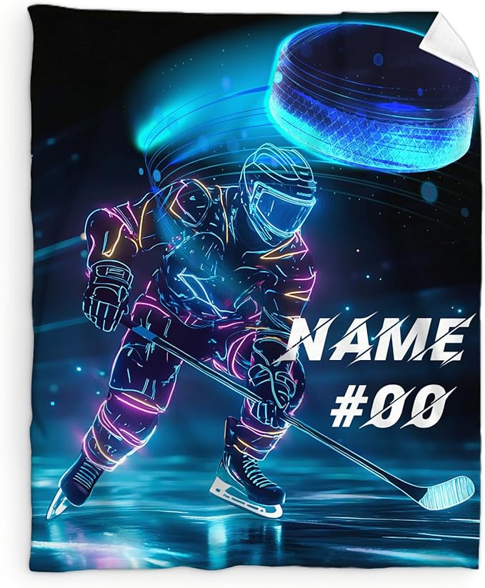 Custom Hockey Blanket with Name, Ice Hockey Blanket, 40 x 30 Inches Kids Blanket for Kids 2-5, Flannel Throw Blanket Gift for Boys, Pets, Hockey Lovers, Soft Throws for Bed, Couch Sofa