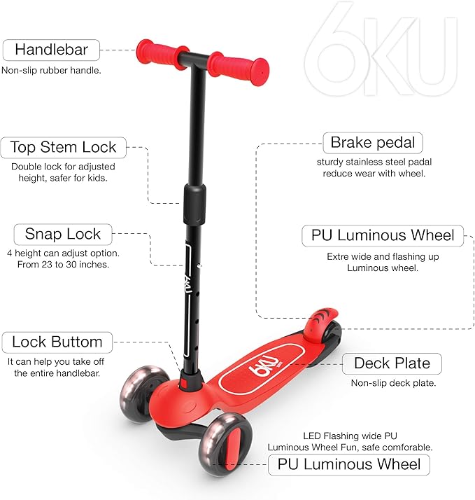 6KU Scooter for Kids Ages 3-10 with Flash Wheels, Kids Scooter 4 Adjustable Height, Toddler Scooter Extra-Wide PU LED Wheels, 3 Wheel Scooter for Kids for Girls & Boys Learn to Steer…