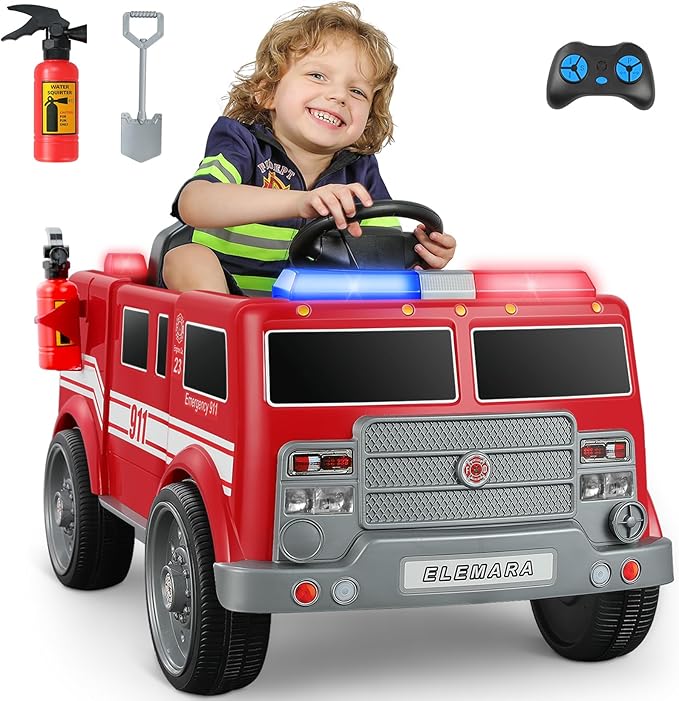 ELEMARA 12V Ride on Fire Truck, Battery Powered Toddler Electric Vehicle w/Parent Remote Control,Ride on Car for Kids,Siren-Call,walkie-talkies, Flashing Lights,Fire Extinguishers, Bluetooth,Music,UBS
