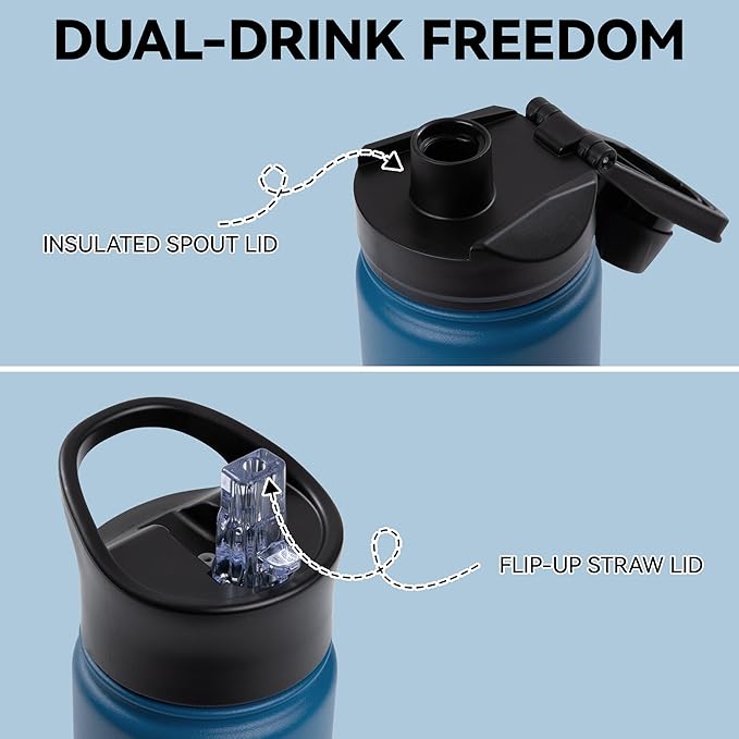 16 oz Insulated Water Bottle Bulk 8 Pack, Straw & Spout Lid, Keep Cold 24H, Spill Proof, BPA-Free, Double Wall, Stainless Steel Kids Water Bottles for School, Sports, Blue Black Gradient