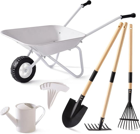 ROBOTIME Kids Wheelbarrow with Gardening Set – Metal Wheelbarrow Toddler Outdoor Play Toy with Garden Tools, Watering Can & Plant Labels, Pretend Play Yard Equipment for Boys and Girls (Grayish white)