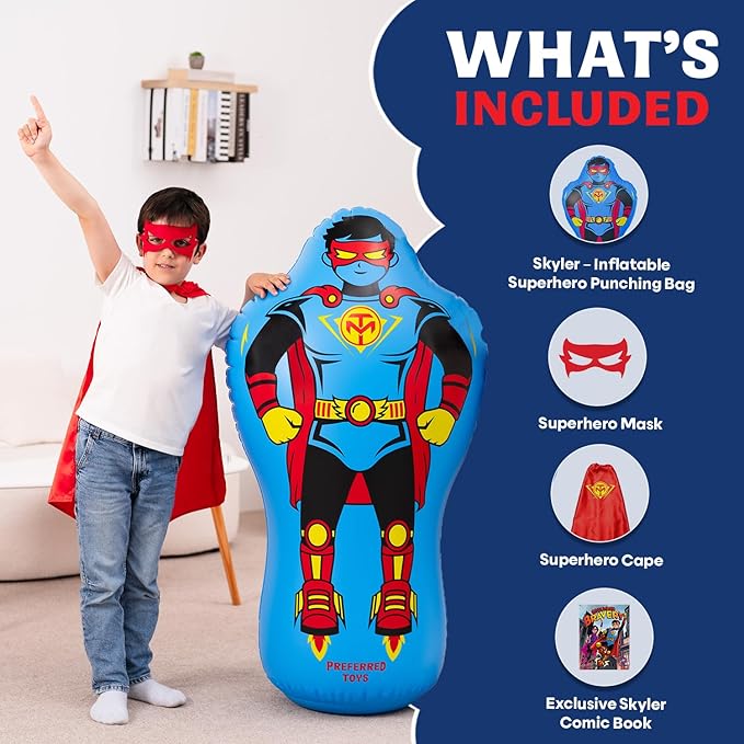 Inflatable Punching Bag for Kids – 47-Inch Bop Bag with Instant Bounce-Back Action, Includes Mask & Comic Book – Heavy Duty PVC Punching Dummy for Boys & Girls, Indoor & Outdoor Play