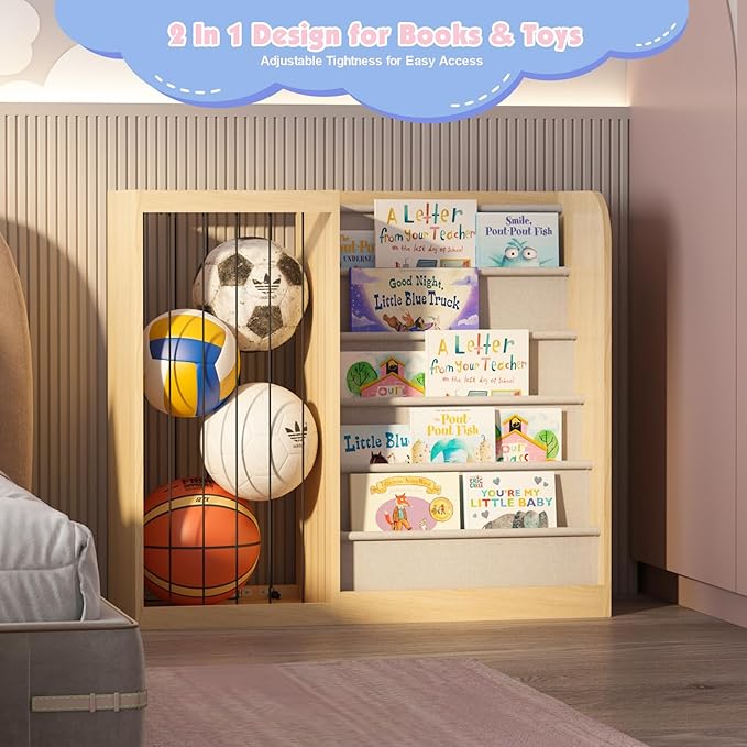 Natural Wood Kids Bookshelf & Stuffed Animal Net Holder Plush Toy Storage Organizer Child Bookcase Toddler Baby Sling Book Rack for Playroom Bedroom Nursery Infant Boys Girls Preschool