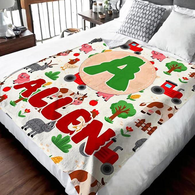 Kids Blanket Gift for Boys, Personalized Farm Throw Blanket for Kids Toddler Boys Age 6-8, Custom Name Initial Letter Monogram Soft Fuzzy Blankets for Bed Couch Sofa Decor