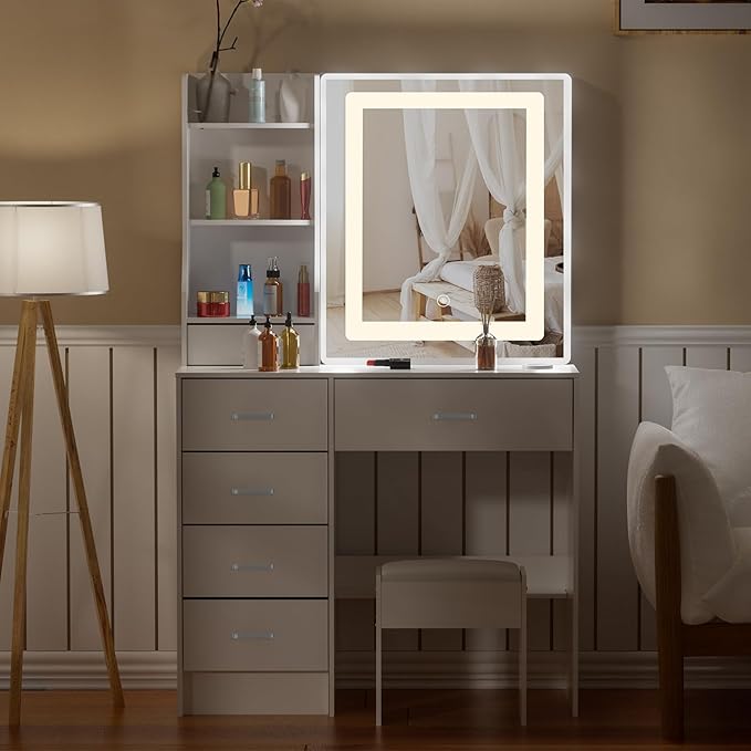 Vanity Desk with Sliding LED Mirror and Lights, Makeup Vanity Desk with Lighted Mirror, 3-Color Adjustable Brightness, USB Port, Drawers, Small White Vanity Set with Stool for Bedroom, Girls & Women
