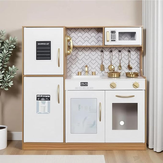 Wooden Play Kitchen Toy Set with Light, Kids Children Pretend Toy Kitchen Playset, Sink Play Toy Oven with Microwave,Toddler Cooking Set Toy for Ages 3+