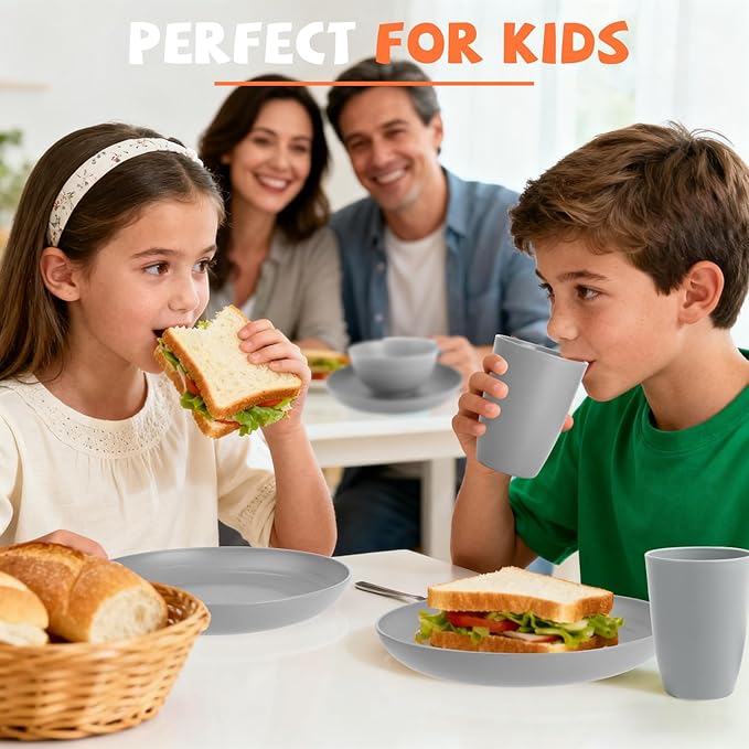 Dinnerware Sets 20 PCS, Wheat Straw Plates and Bowls Sets Service for 4, Microwave Dishwasher Safe Kids Tableware Set, Unbreakable Reusable Plastic Plates Set for Kitchen Office Travel Camping - Gray