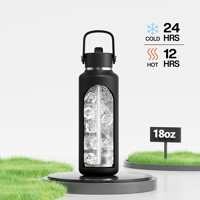 POWCAN 18 oz Kids Water Bottle: Leakproof, Keep Cold 24H, Cupholder Friendly, Top Handle, BPA-Free, Slim Insulated Water Bottle with Straw for School, Sport, Travel, Gym, Running (Midnight Black)