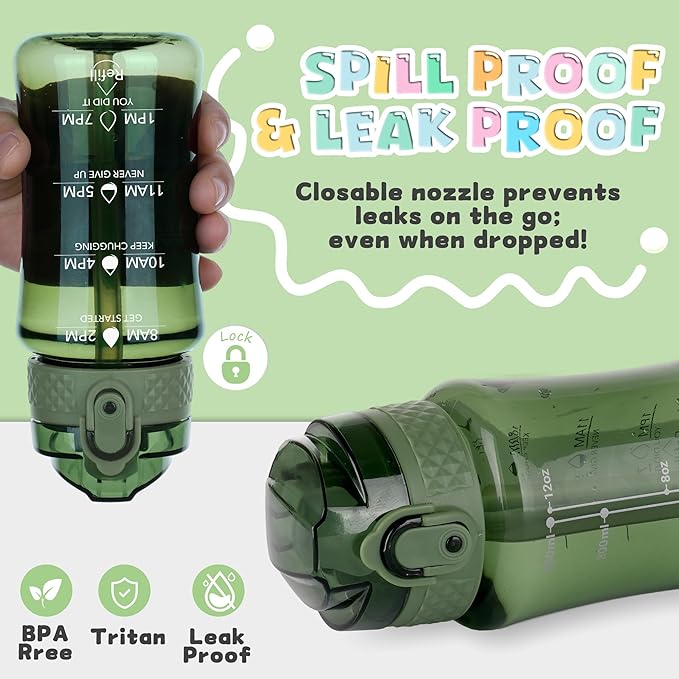 OLDLEY 12oz Kids Water Bottle for School - Motivational With Silicone Straw, Leak-Proof Tritan BPA-Free, Reusable for Girls Boys, Jade