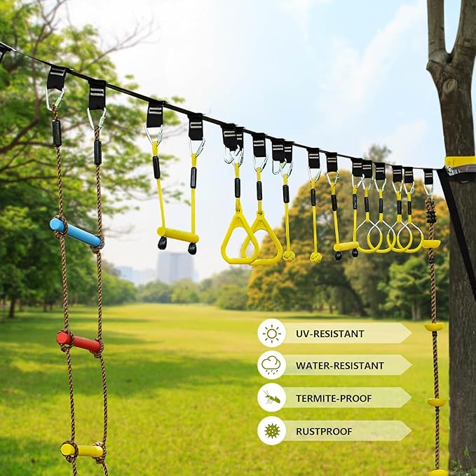2X65FT Ninja Warrior Obstacle Course for Kids - Ninja Slackline with 14 Obstacles - Ninja Course for Kids with Swing, Ladder,Monkey Bar,Arm Trainer, Climbing Rope