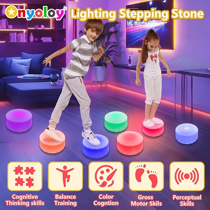 Kids Light Up Stepping Stones - 6 Non-Slip Stepping Stones, Each with 7 LED Light Colors, Indoor Obstacle Training Balance Stepping Stone Toys for Kids Ages 3 and Up.