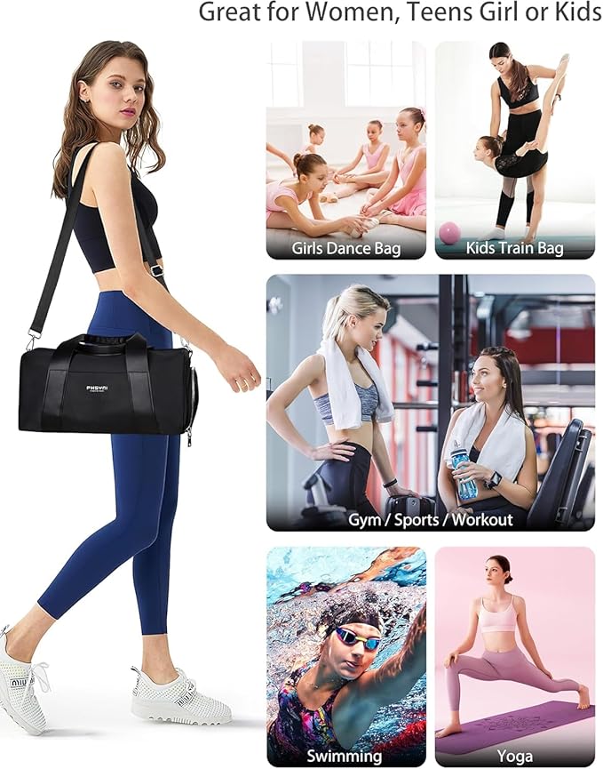 Compact Sports Gym Bag for Women & Girls and Kids, Cute Mini Duffle Bag with Wet Pocket & Shoes Compartment, Personal Item Travel Workout Bag, 16"-Small, Black
