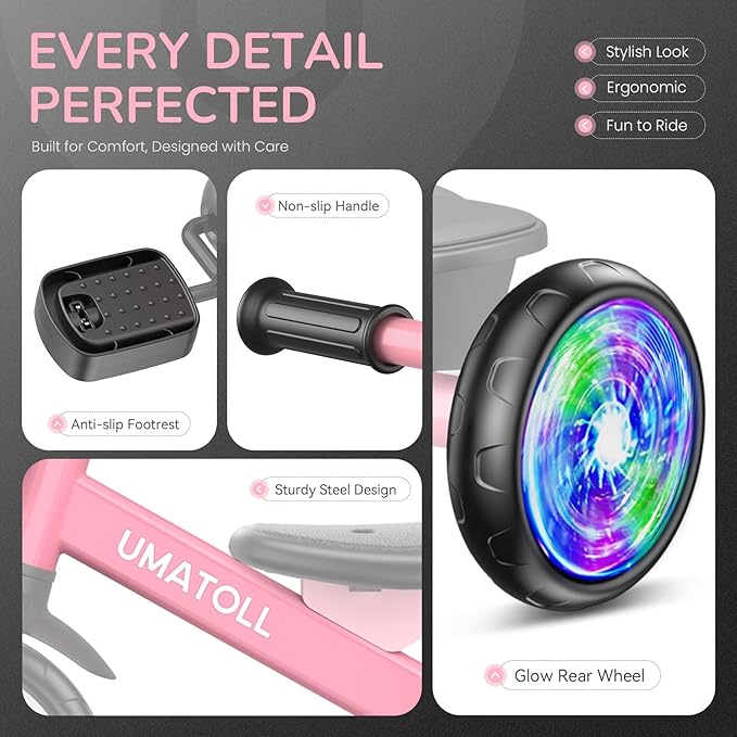 Umatoll Tricycle for Toddlers 2-5 Year Old, Ajustable Toddler Bike Outdoor Toys, Birthday Gift for Girl Age 2-4, Trike with Light up Wheels