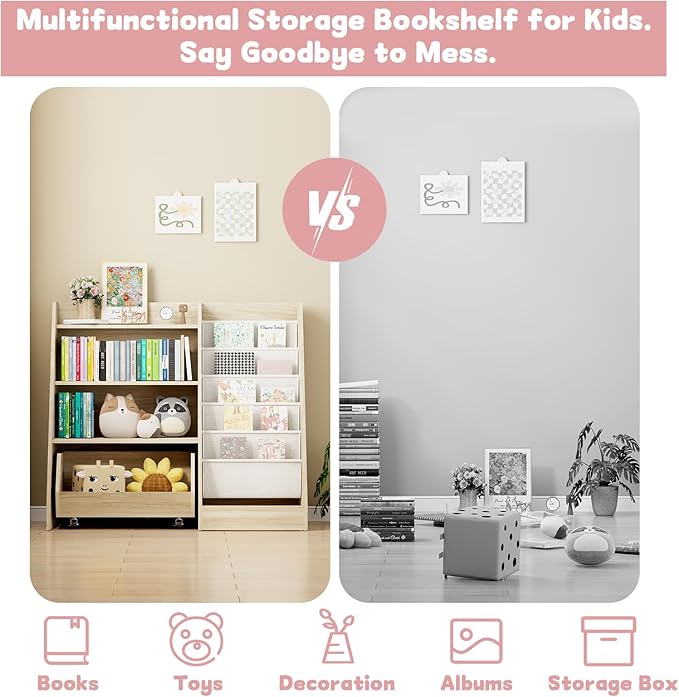 COZPAW Kids Bookshelf and Toy Storage, 4 Tier Toddler Bookshelf with Movable Drawer 5 Sling Pockets, Montessori Book Shelf for Kids Room, Playroom, Nursery (Oak)