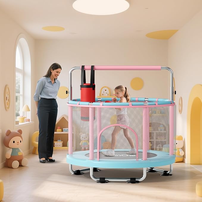 55" Toddler Mini Trampoline for Kids, Indoor Outdoor Toys with Swing, 440lbs Baby Kids Trampoline, Gymnastics Bar, Birthday Gifts for Boy Girl Age 1-8